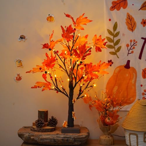 JORIX 60cm Easter Gift Twig Tree Light Maple Leaf Christmas Pre-Lit Birch Tree Lamp USB & Battery Powered 24 LED Warm White Tabletop Artificial Tree for Father's Day Home Decor
