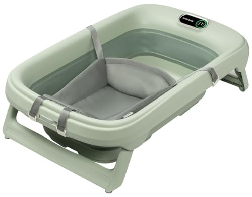 Maxi-Cosi Indigo Plus - Vasca da bagno pieghevole con inserto per neonato, 0-4 anni, spaziosa vasca da bagno mobile per bambini, termometro HighSense integrato, gancio pieghevole, sage green