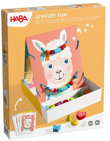 HABA Fädelspiel Schmuck-Werkstatt – Kreatives Fädelset für Kinder ab 3 Jahren – Mit 50 Holzperlen & 4 süßen Motiven zum Schmücken – Fördert Feinmotorik – 2012247001
