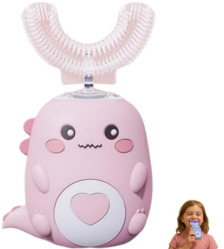 LoulouSmile DinoBrush – Brosse À Dents 360° Pour Enfants，Fabriqué En Silicone, Rechargeable Et Étanche, Forme De U, Pour La Maison, Les Voyages, Un Usage (Rose 2 À 6 Ans)
