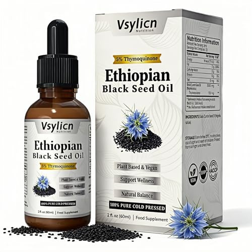Pure Nutrient Ethiopian Black Seed Oil 5% Thymoquinone, Black Seed Oil Cold Pressed, Black Cumin Seed, Virgin Nigella Sativa for Digestive Health, Immune Support & Brain Function - 60ml Vegan