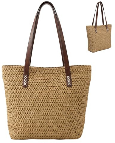 Nicole Brown Straw Tote Bag for Women Brown & Brown – Woven Summer Shoulder Bag with Zip Closure & Interior Zip Pocket, Lightweight Beach Shopper Tote for Holidays, Travel & Everyday Use