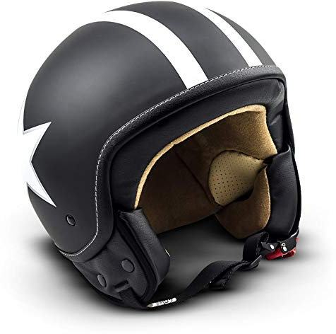 SOXON® SP-301 Star „Black“ · Jet-Helm · Motorrad-Helm Roller-Helm Scooter-Helm Moped Mofa-Helm Chopper Retro Vespa Vintage Pilot Biker Helmet Brille · ECE 22.05 Schnellverschluss Tasche L (59-60cm)