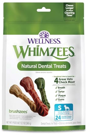 Whimzees Wellness Brushzees Natural Dog Dental Treat, VOHC Accepted Chews, Freshens Breath, Small Size, 12.7 oz Bag, 24 Count