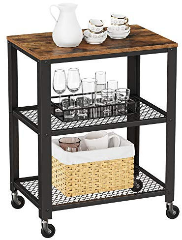 VASAGLE BRYCE Serving Cart, 3-Tier Kitchen Utility Cart on Wheels with Storage, for Living Room, Accent Furniture with Steel Frame, Industrial, Rustic Brown and Ink Black ULRC78X