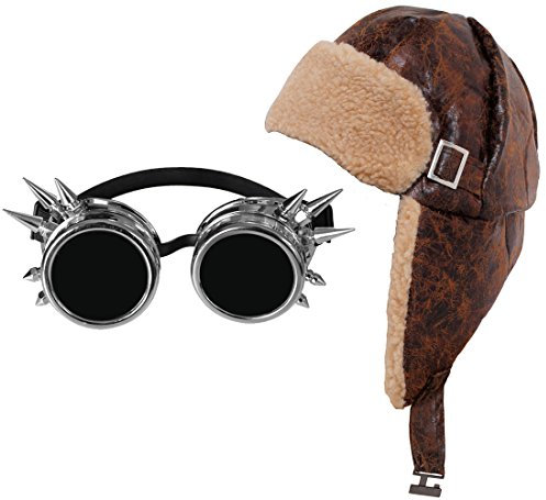 I LOVE FANCY DRESS FLIEGERMÜTZE/RUSSEN KOSTÜM VERKLEIDUNG RETRO VARIATION=HELLES TEDDYFELL INNENSEITE = KUNSTLEDER KAMPFFLIEGER MÜTZE MIT OHRKLAPPEN VARIATION + SILBER FARBENDEN GOGGLES