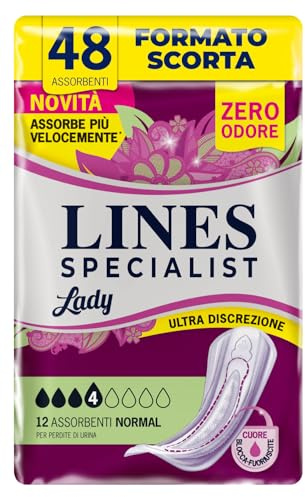 Lines Specialist Lady Normal, Assorbenti per Incontinenza Donna, con Tecnologia Zero Odore e Barriere Laterali Protettive, Scorta Mensile, 4 Confezioni da 12 Unità | Super assorbenza, tecnologia Zero Odore, barriere laterali protettive, ripiegati in bustine, 4 Confezioni da 12 Unità