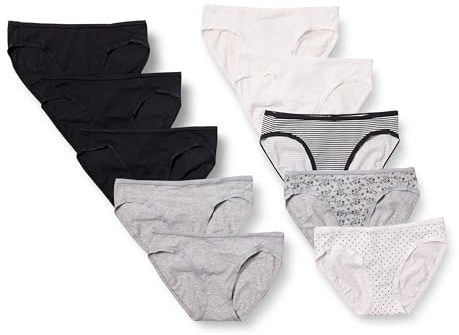 Amazon Essentials Women's Bikinitrosor underkläder i bomull (finns i plusstorlek), Pack of 10, Blommig/Flerfärgad/Prickar/Rand, S