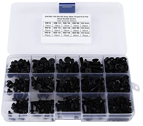 Flachkopf mit Innensechskant Schrauben Muttern 440pcs / set Legierter Stahl sortiert M3 M4 M5 Schrauben Sortiment Kit mit Kunststoff Fall MEHRWEG VERPACKUNG