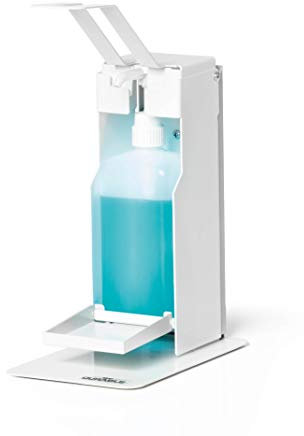 Durable Tisch-Desinfektionsspender mit Armhebel, für Desinfektionsmittel oder Seife, flexible Anpassung an Flaschengrößen bis 500 ml, weiß, 589602