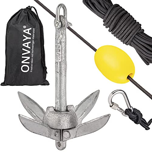 ONVAYA® Bootsanker | 0,7 kg | Klappanker | Set inklusive Ankerleine mit Karabiner, Ankerboje und Transportbeutel | Faltanker | Anker für Boot, Schlauchboot, SUP, Kajak, Kanu