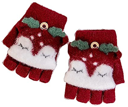 Guantes sin dedos para niñas y niños, guantes cálidos de invierno de dibujos animados de punto medio dedo mitones para deportes al aire libre, conducción, esquí, correr de 3 a 6 años de edad, rosso,