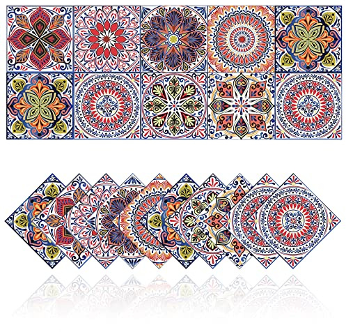 Fliesenaufkleber Retro Fliesenaufkleber für Badezimmer Küche DIY Öldichtes Wasserdichtes PVC Selbstklebende Dekoration Marokko Stil Roter Böhmischer Stil (20,10x10cm)