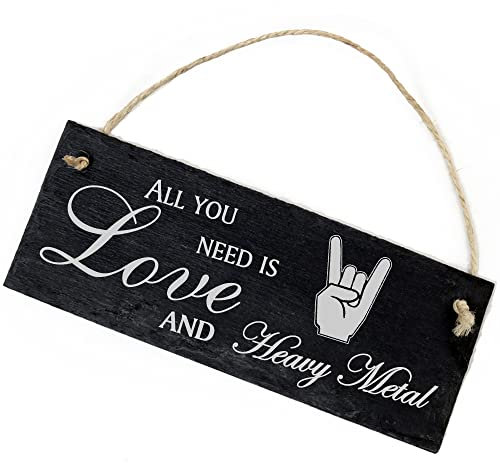 Schiefertafel Deko Pommesgabel Schild 22 x 8 cm - All you need is Love and Heavy Metal - Wanddeko Dekoration Türschild
