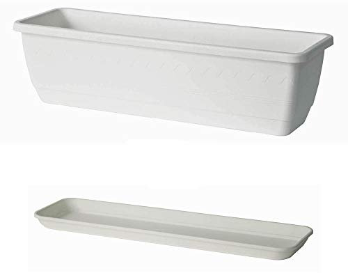 Euro3plast Inis Blumenkasten mit Untersetzer aus Kunststoff 3 Größen 4 Farben (80 cm, Weiß)