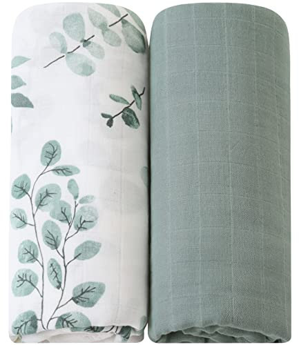 LifeTree Baby Pucktücher aus Baumwolle und Bambus, Große Musselin Tuch, 120x120cm Mullwindeln Babydecken für Junge und Mädchen, Spucktücher Baby Solide/Eukalyptuspflanzen Design