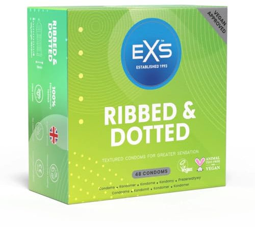 EXS Ribbed & Dotted Condoms (48 Pack) Regular Fit, Premium Latex with Non-Spermicidal Lube, Flared with Teat, PETA-Approved Vegan Condom, 3 Year Life - CE Marked NHS Approved Male Condoms Ribbed
