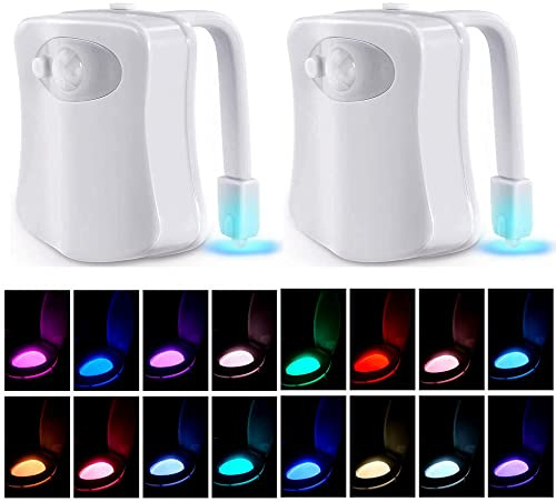 XUBX Paquete de 2 luces nocturnas para inodoro con sensor de movimiento, 16 colores cambiantes con sensor de movimiento corporal, lámpara de asiento de inodoro, lámpara de luz LED para asiento de