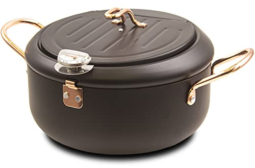 Japanese Tempura Deep Fryer Pot 2.3L- Fahrenheit Thermometer, Temperature Resistance Nonstick Coating, Easy Clean up, Heat up Fast, Exquisite Black Oil Fryer, 8.2inch Deep Frying Pot