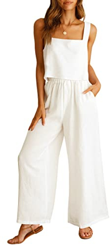 ANRABESS Women's 2 Piece Outfits Linen Pants Jumpsuit Matching Lounge Set Casual Summer Beach Vacation Trendy Clothes White Medium