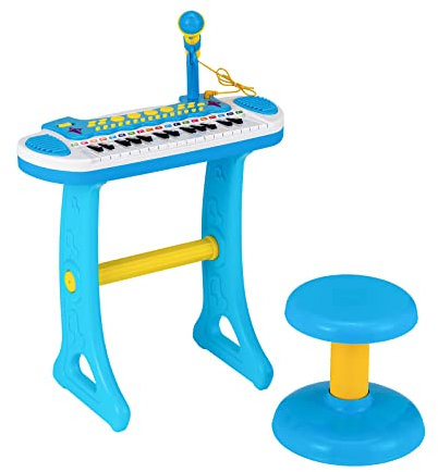 Maxmass Kids Piano and Stool, 31-Key Children Electronic Keyboard with Flashing Light, Microphone, Recording and Playback Function, Toddler Toy Piano for 3+ Boys and Girls (Blue)