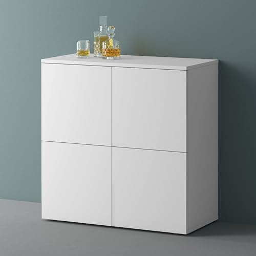 Mai & Mai Sideboard 76cm Kommode 4 Türen Soft-Close grifflos Stauraum | Sideboard Wohnzimmer, 4 Stauräume, verstellbare Füße, Flurschrank, Weiß matt, BxTxH:76x36,4x74cm, Schrank04