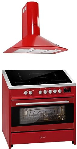 GURARI Cuisinière à induction E 913 R + GCH 046 RD 9 Range Cooker/Electrique sur pied 90 cm FLEX Induction + Hotte 90 cm Rouge