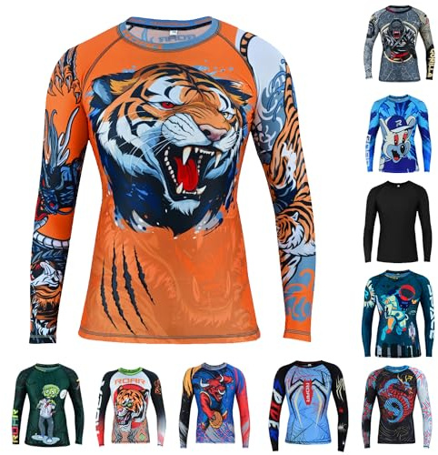 Roar BJJ Kid's MMA Rash Guard Training No-Gi and Gi Jiu Jitsu Rashguard MMA Grappling Compression Shirts Wrestling (US, Alpha, Small, Regular, Tiger-Dragon)