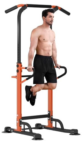 SogesPower Power Tower Klimmzug- und Dip-Station, höhenverstellbar, Krafttrainingsgeräte für das Heimfitnessstudio, Schwarz und Orange