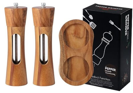 BAILEYU Manuelles Pfeffer und Salzmühlen Set mit Sockel Akazienholz Gewürzmühlen Salzstreuer mit Acryl Sichtfenster Einstellbare Grobheit Küchenwerkzeug - 8 Inches