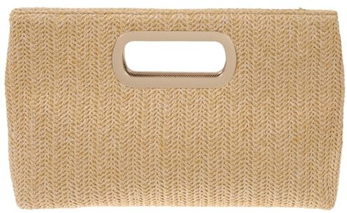 Stroh-Clutch mit Tragegriff oben, Beige, 11.5 x 2 x 7.5 inches