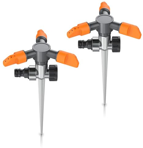 Brandson - 2 x Rasensprinkler 3 Fach mit Erdspieß – Rasensprenger 360 Grad - Flächenregner Sprühregner - Sprinkler mit 3 Arm – Einstellbarer Winkel 45° - 90° - Reichweite bis zu 14 m - robuster Spike