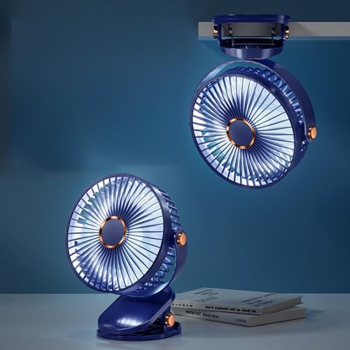 JEXUUD Ventilatore da Campeggio da 6 con Luce Ventilatore Ricaricabile con Clip USB Ventilatore da Tavolo Oscillante a 5 Velocità 720°Pivot con Gancio per Tenda, Camper e Garage di Emergenza(Blue)