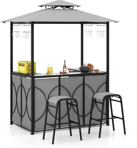 COSTWAY Tonnelle de Barbecue 3 Pcs avec 2 Tabourets de Bar, Abri Barbecue avec Plateau en Verre Trempé Étagères en Métal Auvent à Double Toit, pour Jardin Cour, 194 x 121 x 242 cm (Gris)