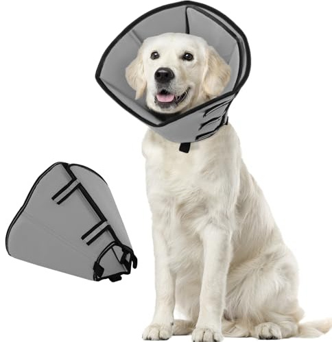 Halskrause Hund Weich Nach OP, Verstellbarer Anti Leckschutz Hund, Atmungsaktiver Hundekragen, Leicht Halskrausen für Hunde, Schutzkragen für Große Hunde (Grau,L)
