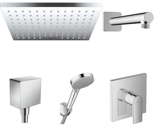 hansgrohe Vernis Shape - Duschsystem Unterputz mit Einhebelmischer, Kopfbrause, Handbrause, Duschschlauch, Duschkopfhalterung und Schlauchanschluss, Chrom