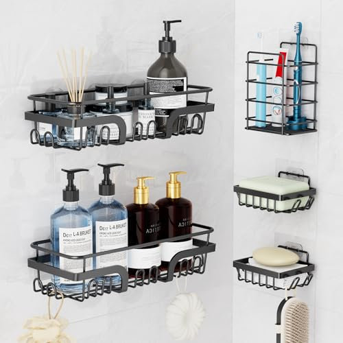LUCUHM Shower Caddy – 5 Pack Black Bathroom Storage Shelves No Drilling – Stick on Adhesive Shower Organiser Caddy with Hooks – Shower Tidy Rack Accessories for Shampoo Shower Gel Black