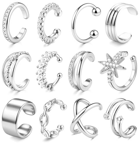 JeweBella Ear Cuff No Piercing Gold Silver Clip on Earrings 18K Gold Plated Ear Cuffs for Women Girls Adjustable Chunky Fake Piercing Earrings Set Hypoallergenic Cartilage Helix Wrap Earring Set