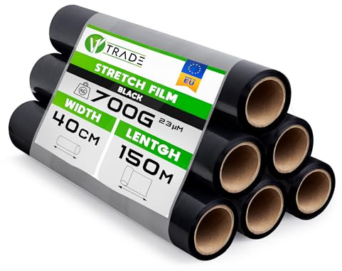 V1 Trade 6x Stretchfolie Schwarz - Folie für Möbel - Hand Umzugfolie 150m x 40 cm - Stretchfolienrolle Schwarzfolie 23my - Verpackungsfolie auf Rolle - Wickelfolie - Umzugsfolie Dehnung 250%
