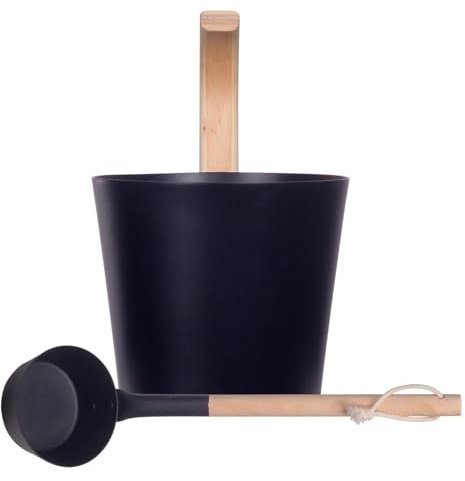 Cubo de sauna de aluminio con cucharón y reloj de - Cubo de sauna de metal - Juego de cubo de infusión 3 piezas. Cubo de sauna - Cubo ligero con mango de bambú - Negro Natural, lujoso cubo de al