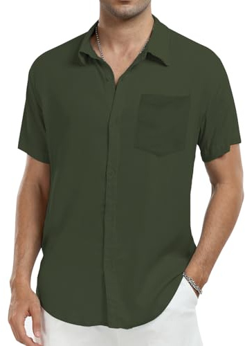 North Bund Chemise Coton Homme Manches Courtes Casual Boutons Shirt Été Leger Classique Regular Fit avec Poche Coupe Décontractée De Plage Vert Olive XXL
