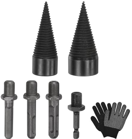 M METERXITY 2-Pack Wood Splitter Drill Bit 32mm + 38mm + 4 Handles (Square+Round+Hex Shank+Small Hex) Firewood Log Splitter Drill Bit with Gloves for Outdoor/Stove/Farm[Black+Grey]