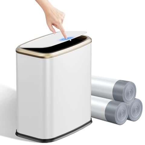 KHMMGK 2.1 Gallon Bathroom Trash Can with Lid Press Top, 8 Liter Stainless Steel Garbage Can with Press Type Lid, Slim Trash Bin Waste Basket for Toilet, Office, Bedroom, Living Room (White)