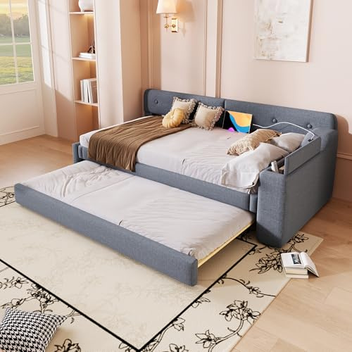 Huayz Schlafsofa Funktionsbett 90×200cm,Ausziehbett Gleiche Höhe, Ausziehbares Tagesbett 90×190cm,mit USB+Type-c Aufladen,Polsterbett,Leinen,ohne Matratze (Grau)