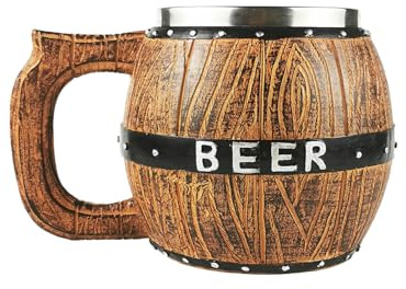 Vaso de cerveza de barril de madera - Vaso de cerveza de gran tamaño con acero inoxidable | Tancardo retro hecho a mano para bebidas, vaso duradero para cerveza, uso en cocina en casa, camping al aire