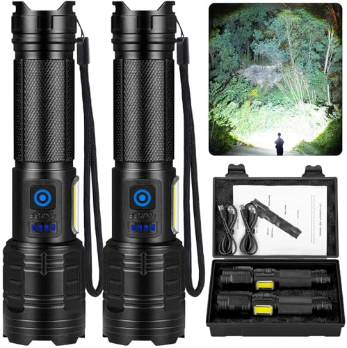 Rechargeable Flashlights 90,000 High Lumens 2 Pack, Super Bright Flash Light with 7 Lighting Modes, 24H Long Lasting Powerful Flashlight with Side Light, Flashlight