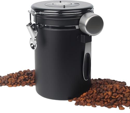 DUBUOZA 1,8 L Boîte à Café hermétique en acier inoxydable,Grains de café avec affichage de la date et cuillère doseuse, pour grains de café, Feuilles de thé, noix et cacao (noir)