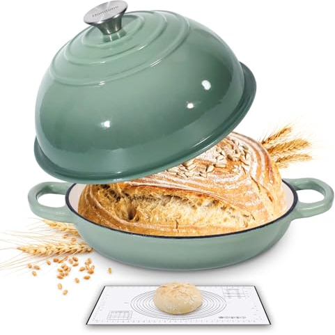 Homtone 5.5QT/26cm Enamelled Cast Iron Dutch Oven for Sourdough Bread, Dutch Oven Pot with Domed Lid, Cast Iron Bread Pot (Dusty Green, with Silicone Liner)