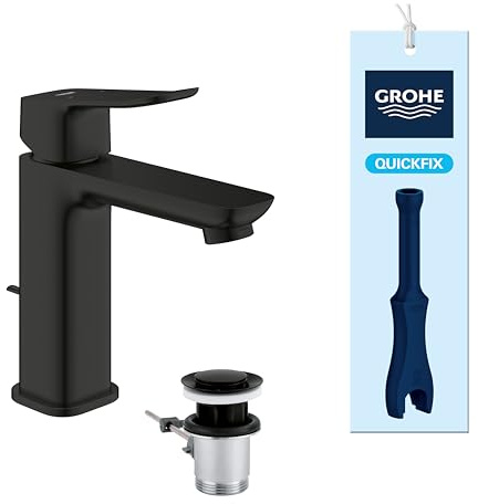 GROHE Dice, Waschtischarmatur, wassersparend (Wasserhahn für das Bad, Badarmatur mit Zugstangen-Ablauf, 17cm hoch, mit 3in1 Werkzeug, einfache Installation am Waschbecken), mattschwarz, 1018322430