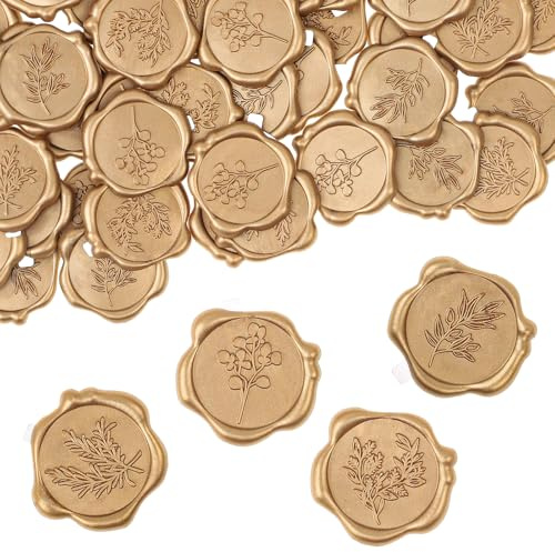 WSICSE 60Pcs Wax Seal Stickers, Wedding Invitation Envelope Seal Stickers Adhesive Backed Light Gold for Wedding, Mother's Day, Gift Wrapping (4 Leaf Styles)